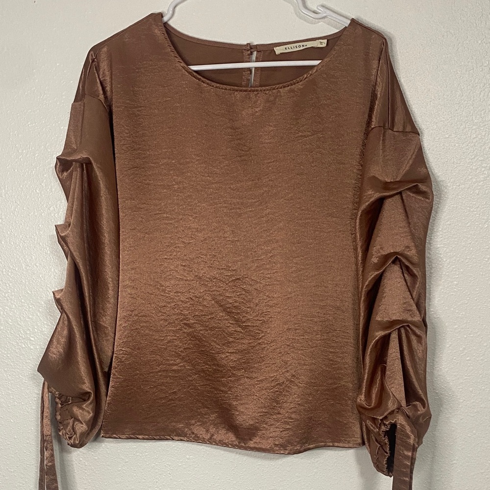 Ellison Bronze Satin Blouse with Ruched Sleeves size L